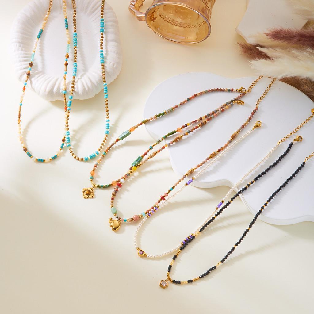 Stainless Steel Sunflower Necklace With Natural Turquoise Beads For Women