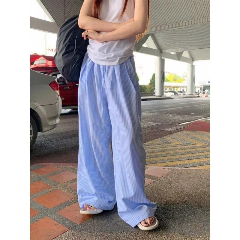 

Design Sense Striped Wide-Leg Summer Casual Pants for Women 2025: Floor-Length, Slimming, Loose Fit Large