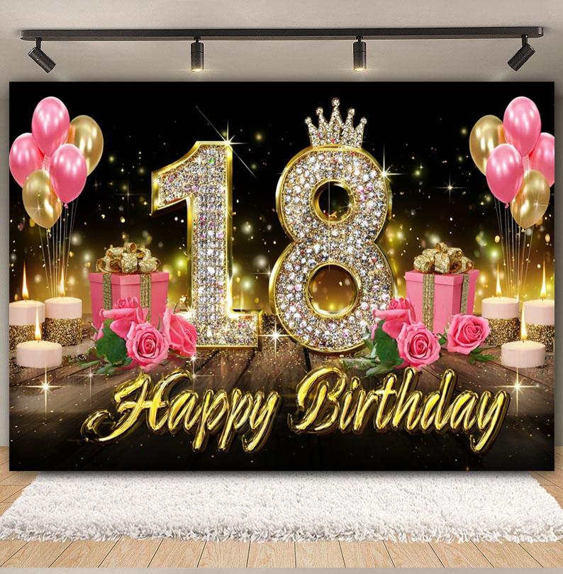 Black and Gold Balloon Gift Theme 18th Birthday Banner Backdrop Cloth Adult Gift Birthday Party Decoration Photography Backdrop