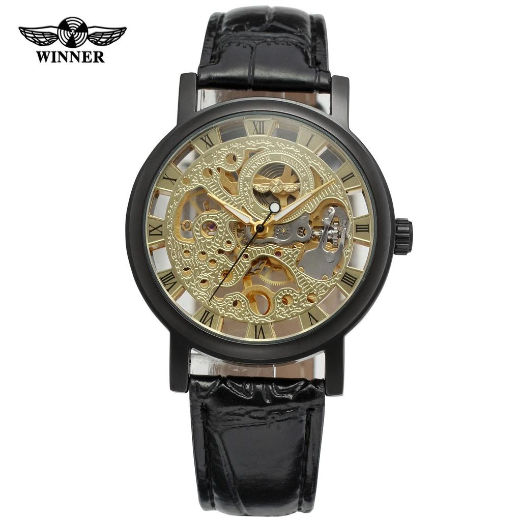 Reloj de Pulsera Mecánico de Cuerda Manual Fashion Winner para Hombre, Estilo Steampunk Esqueleto, Correa de Cuero Casual, Reloj de Pulsera de Gama Alta
