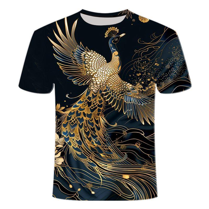 New 3D Printed Round Neck T-shirt for Summer 2024, Popular Item, Return Date, Golden Peacock Series, Men's Short Sleeved