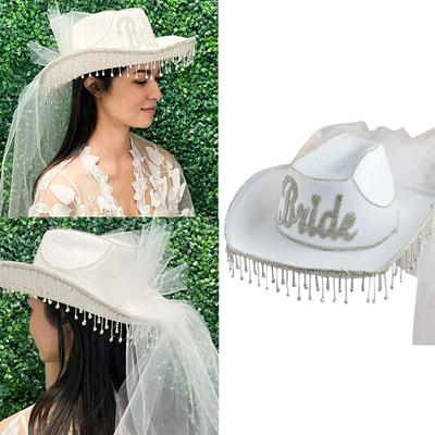 Chapéu de cowgirl nupcial com véu strass chapéu de cowboy feminino para casamento despedida de solteira chá de noiva acessórios para vestir