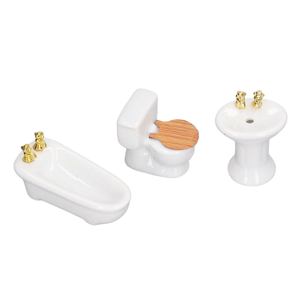 3Pcs Dollhouse Miniature Bathroom Set Ceramic Simulation Bathtub Toilet Sink 1/24 Dollhouse Bathroom Furniture Pure White