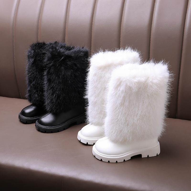 Warme lange Plüsch-Stiefel mit Reißverschluss hinten für Mädchen 2025 Winter Komfort Dicke Sohle Rutschfeste Stiefeletten Modische Unifarbene Kunstpelzstiefel Kind