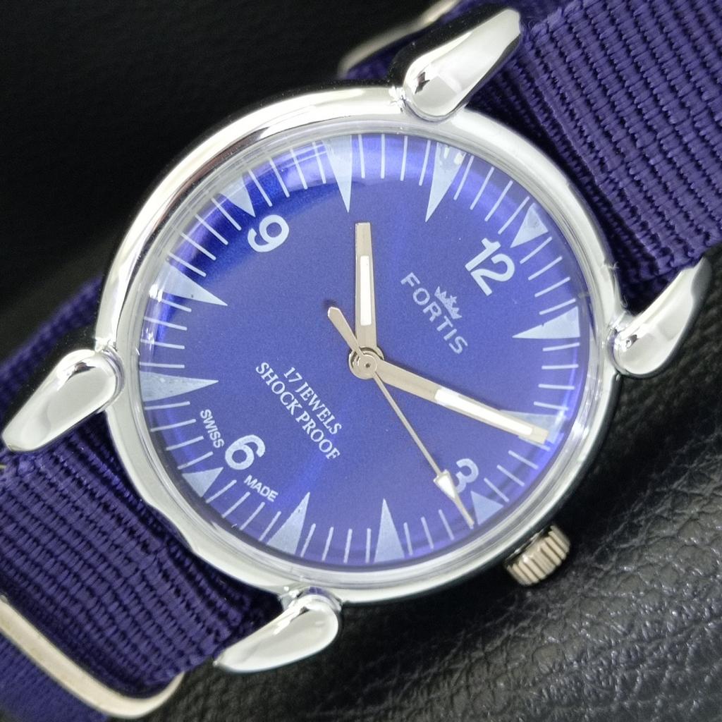 HAND-WINDING SWISS MENS VINTAGE REFURBISHED BLUE COLOR DIAL WATCH a700817-5 R205a-a700817