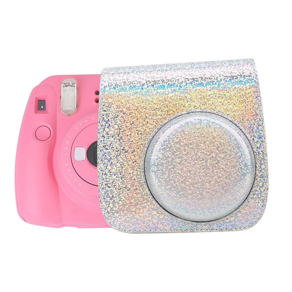 Sparkling Color Vintage PU Lther Camera Portable Bag Case  ive Pouch Cover with Shoulder Strap For     8/ 8+/ 9(Sparkling Pink )