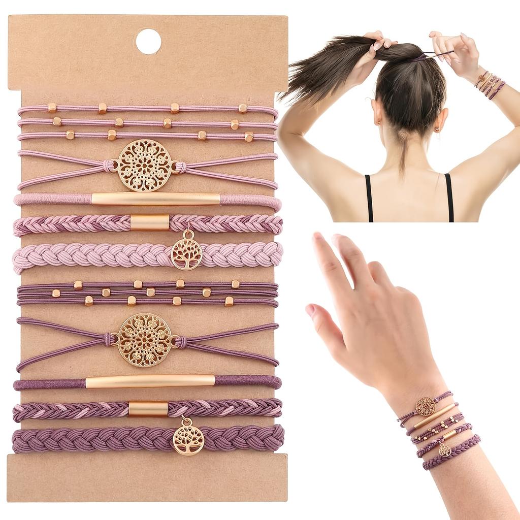 10pcs/set Bohemian Style Women's Bracelet Hair Ties Set, Elastic No-Damage Braided Ponytail Holders with 5 Stylish Dual-Purpose Wristbands