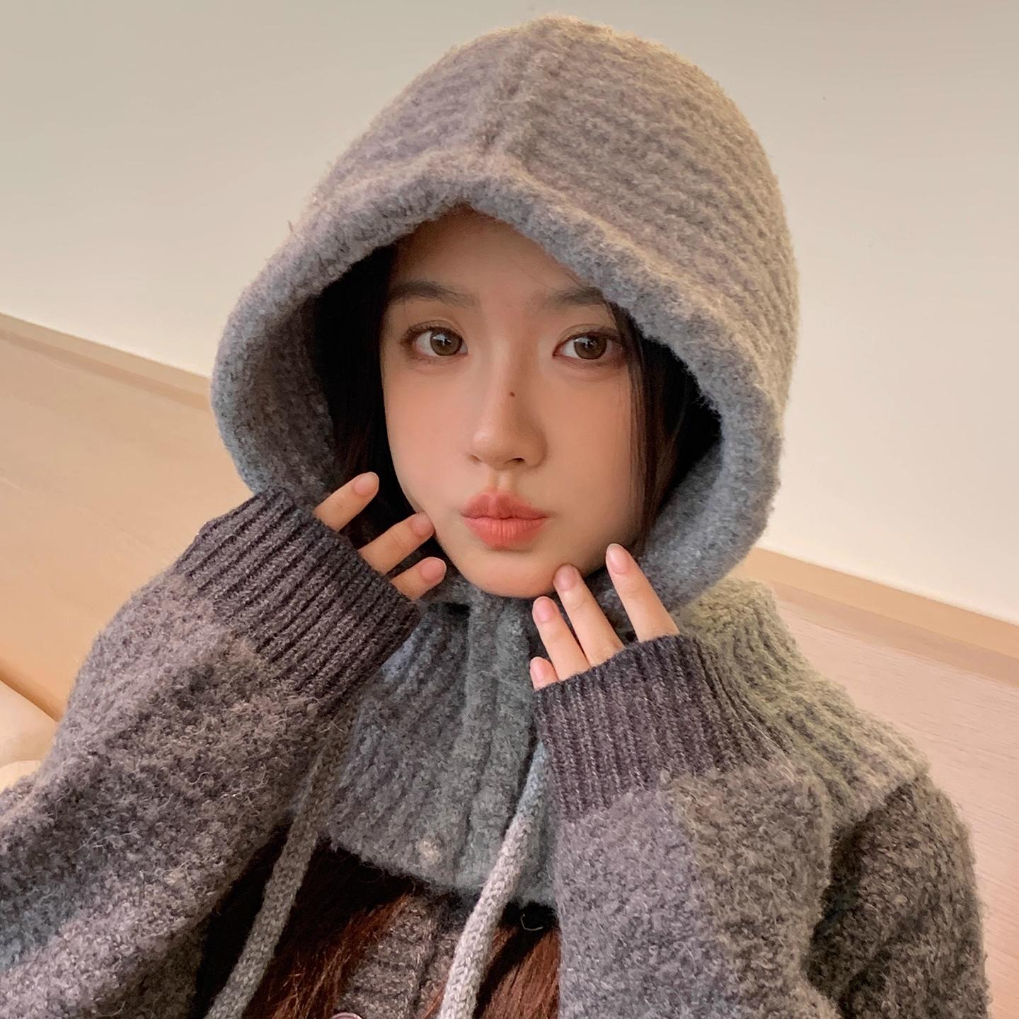 

Новая шапка Женская осенне-зимняя вязаная шапка-капюшон шарф интегрированная теплая шапка для ушей