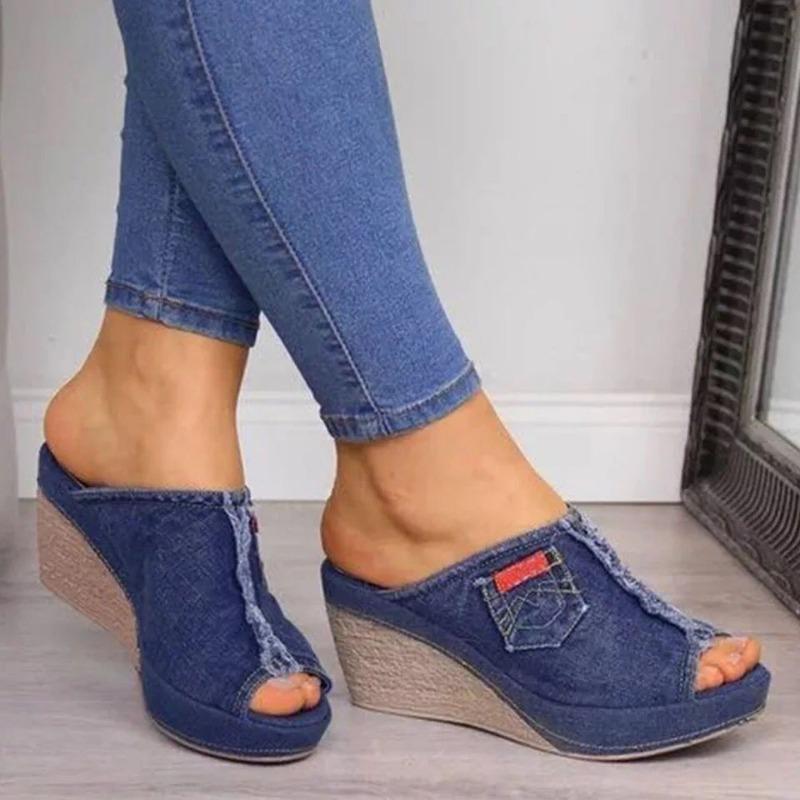 

20Wish denim cool slippers high heel fish mouth wedge heel sandals large size 424 43 темно-синий