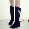 Autumn and Winter Velvet Medium and Long Boots High Heel Women's Suede Medium Boots Rhinestone Slope Heel Long Inner Height Increasing Women's Knig