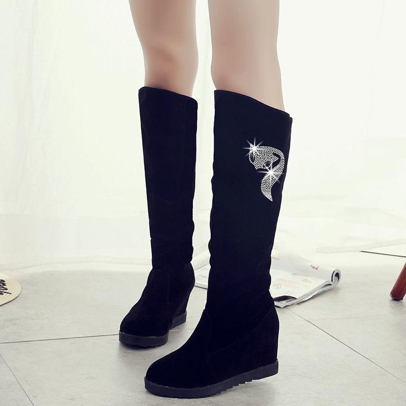 Autumn and Winter Velvet Medium and Long Boots High Heel Women's Suede Medium Boots Rhinestone Slope Heel Long Inner Height Increasing Women's Knig