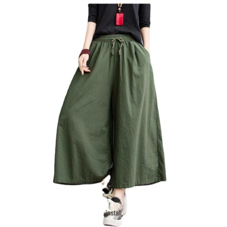 Plus Size Summer Cotton Linen Wide-Leg Pants - Lightweight, Versatile Eight-Point Culottes