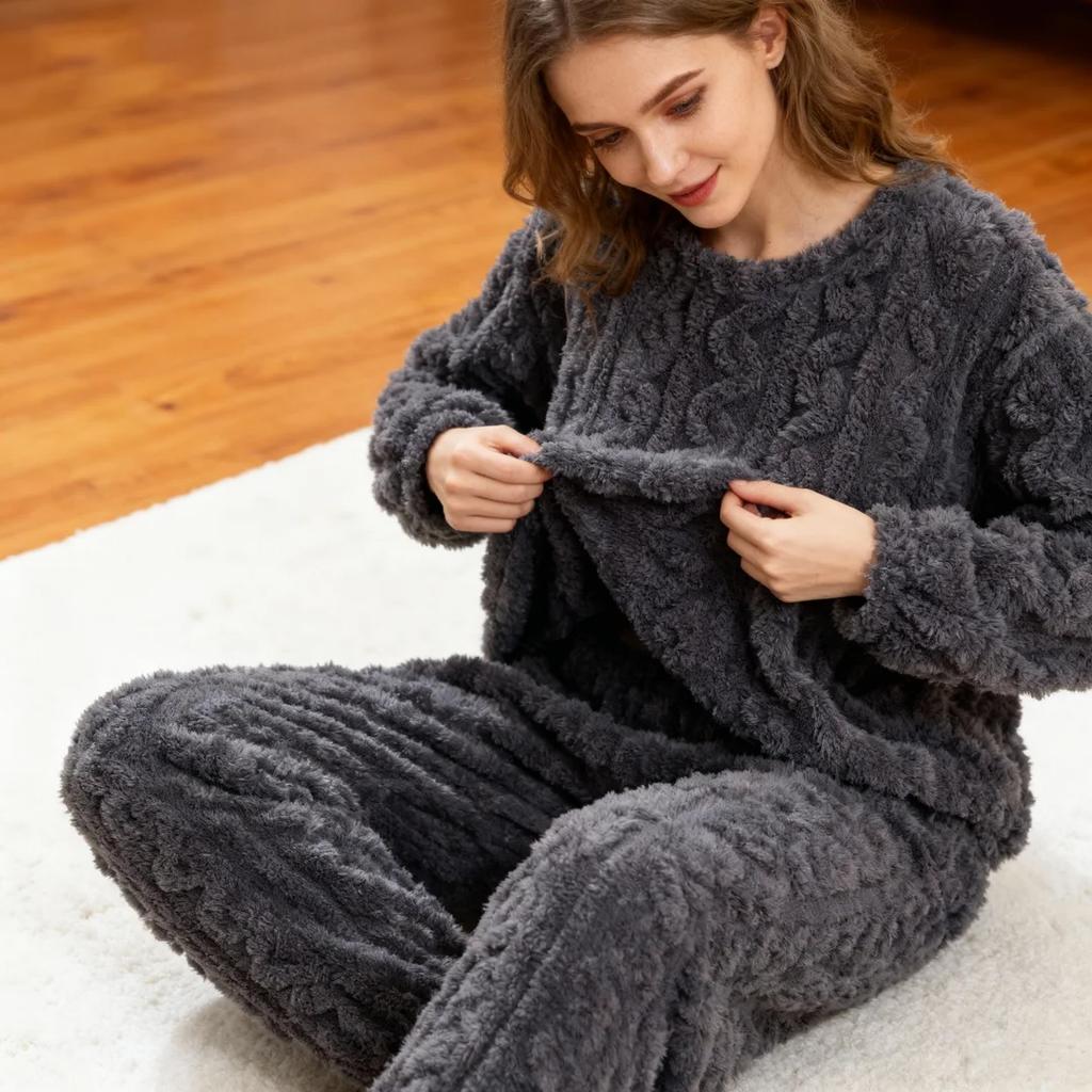 Autumn Women Solid Warm 2 Piece Sets Thicken Velvet Ribbed Fleece Set Pullover and Pants Women Casual Pajama Sets