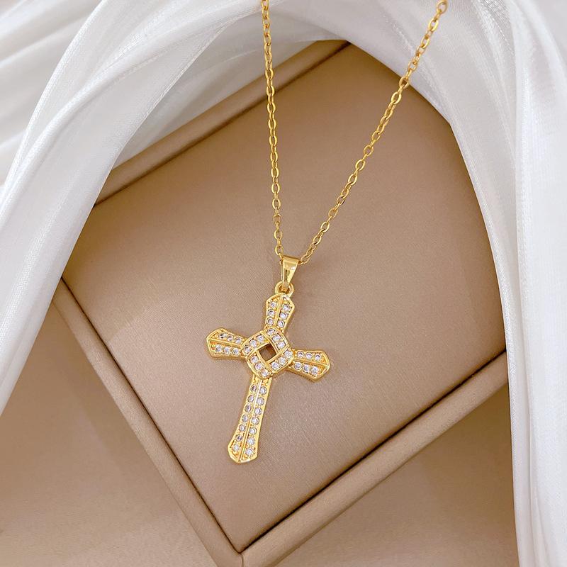 Rotating Cross Light Luxury Temperament Gorgeous Full Diamond Necklace Female Versatile Collarbone Chain Titanium Steel Chain