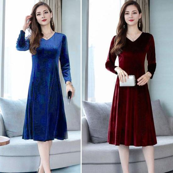 Abito in velluto da donna, autunno inverno, tinta unita, scollo a V, lunghezza media, abito a trapezio per matrimonio, damigella d'onore, festa, uso quotidiano
