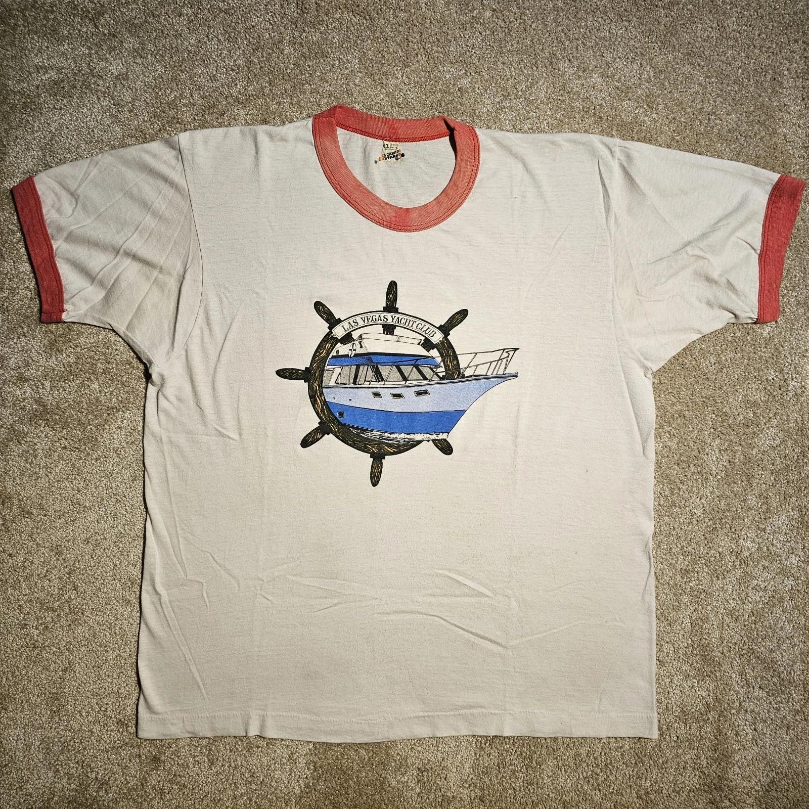 

Vtg 80s Las Vegas Yacht Club Ringer T-shirt Mens L Screen Stars Punk Sleeze Boat M