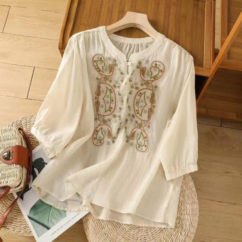 women ethnic embroidery linen blend blouse stand collar three quarter sleeve casual loose fit top