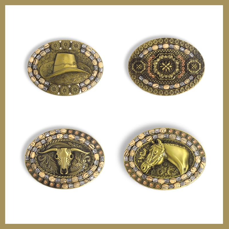 Western Belt Buckle for Men Cowboy Head Oval Buckle with Wood Grain Beads Vintage 10 x Gift [Rockyu] Hat/Boots/Horse Decoration, Alloy, Style, 7.4 cm,
