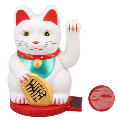 Waving Arm Lucky Cat Solar Powered Light Sensing Rotatable Base Bring Wealth Good Luck 5 Inch