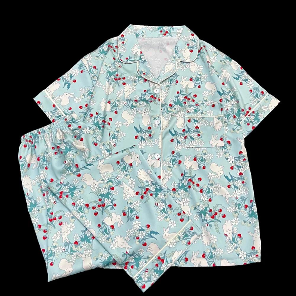 

Пижама женская с принтом «растения и цветы» и животными, с короткими рукавами, длинными брюками, комплект из двух предметов, домашняя одежда, летняя стильная одежда для сна M