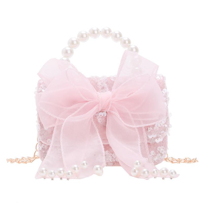 Trendy Girl's Pearl Handbag Stylish Lace Bowknot Princess Shoulder Bag For Kids
