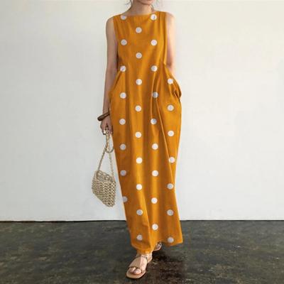 Women Summer Dress Dot Print Color Matching Sleeveless O Neck Loose Big Pockets Plus Size Soft Ankle Length Casual Beach Maxi Dress
