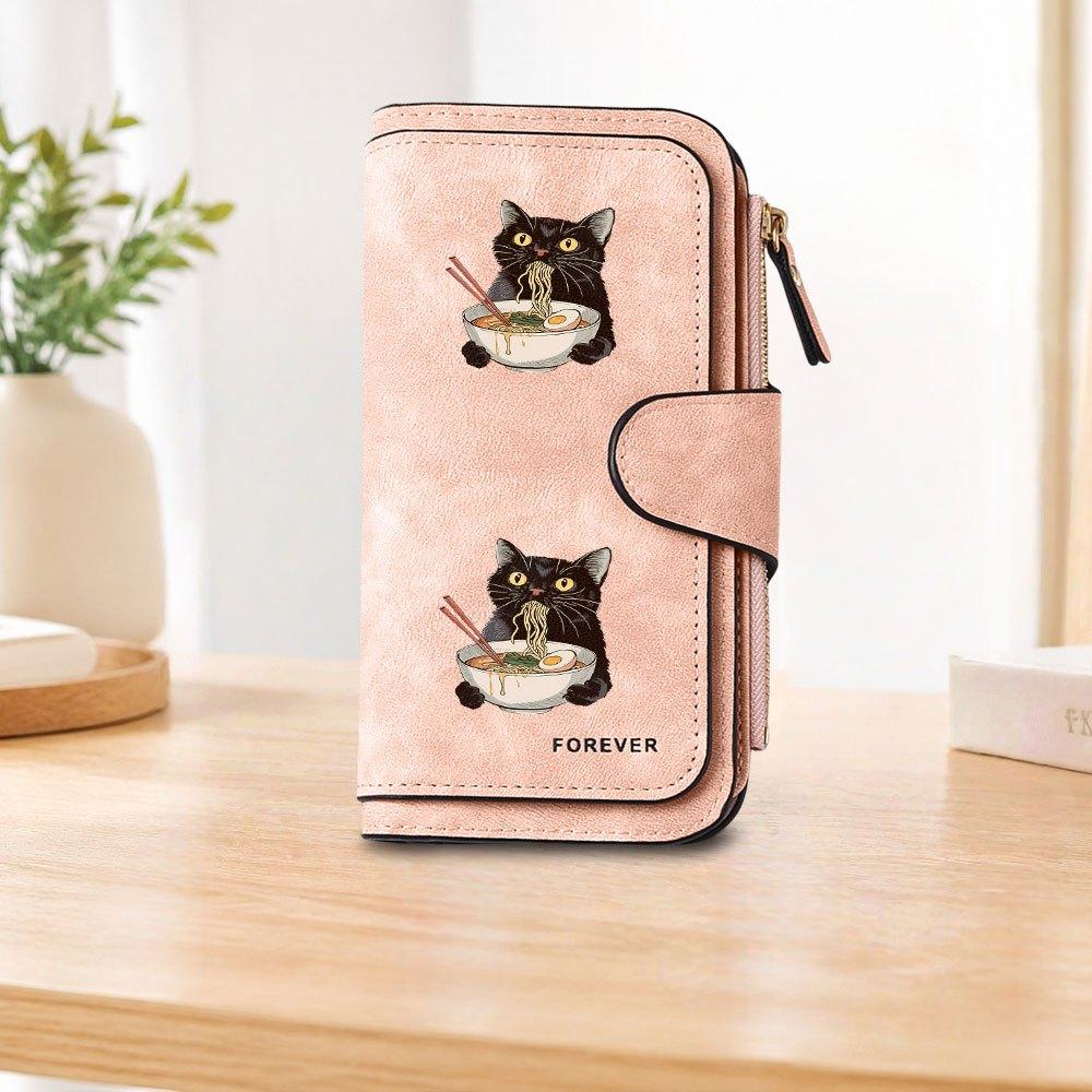 Black Cat Eating Ramen Long Zipper Wallet, Large Capacity Card Holder, Unisex Clutch Bag, Fashionable Zipper Coin Purse, Suitable for Daily Use, A