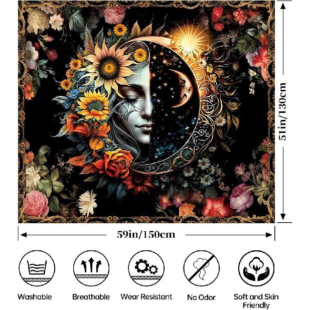 Sun and Moon Tapestry,Psychedelic Mystic Floral Tapestry Wall Hanging Modern Aesthetic Tapestry Hippie Boho Wall Art for Home Decor Bedroom Living