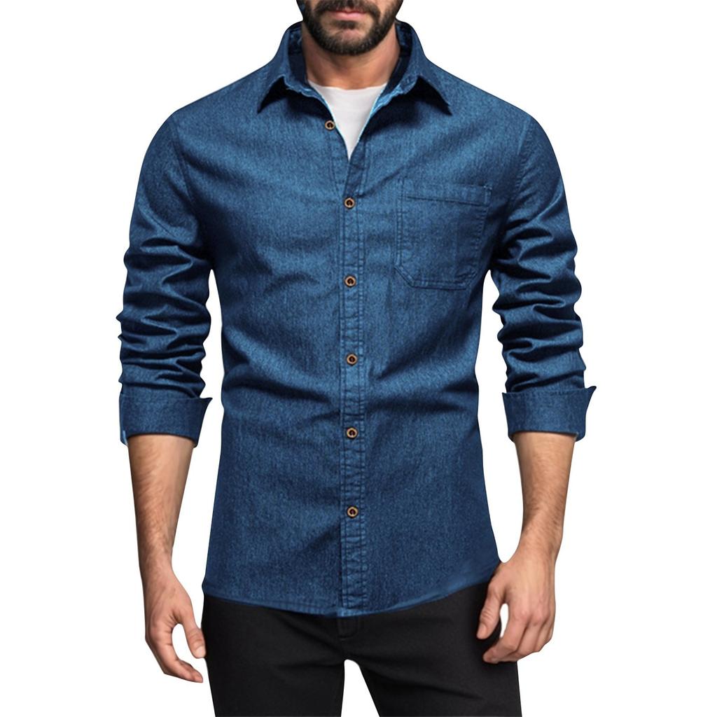 Pánská letní jednobarevná košile s klopou a dlouhým rukávem Pánská ležérní módní košile s dlouhým rukávem
