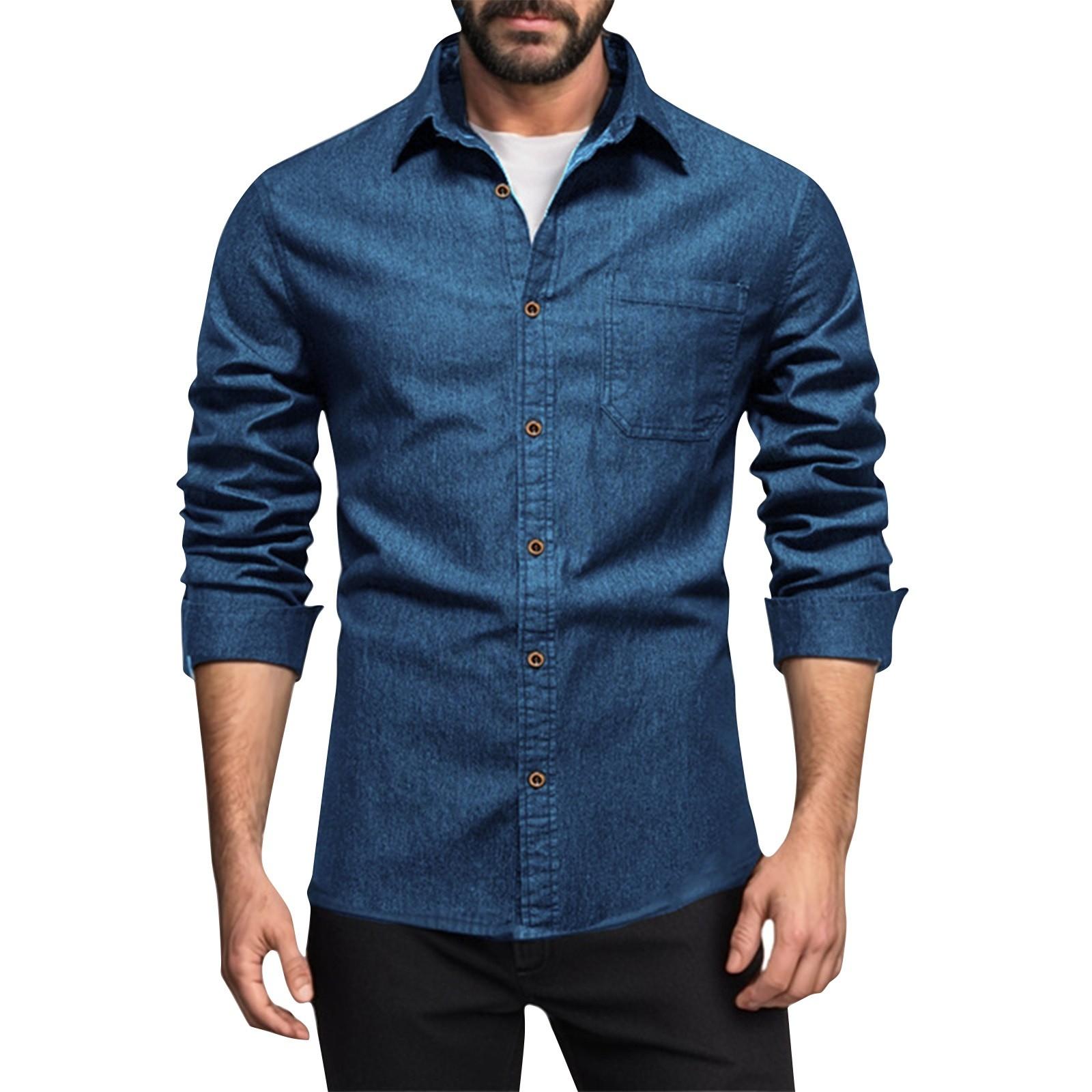 

Мужская летняя однотонная рубашка с лацканами и длинными рукавами, мужская повседневная модная рубашка с длинными рукавами XXXL синий