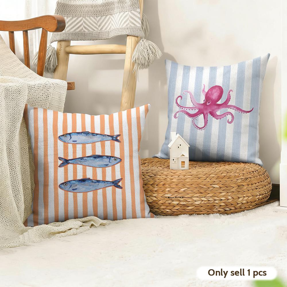 Ocean Life Theme Striped Cushion Cover Natural Linen Organic Fabric Double-Sided Printing Sofa Home Decor Gift Pillow Case