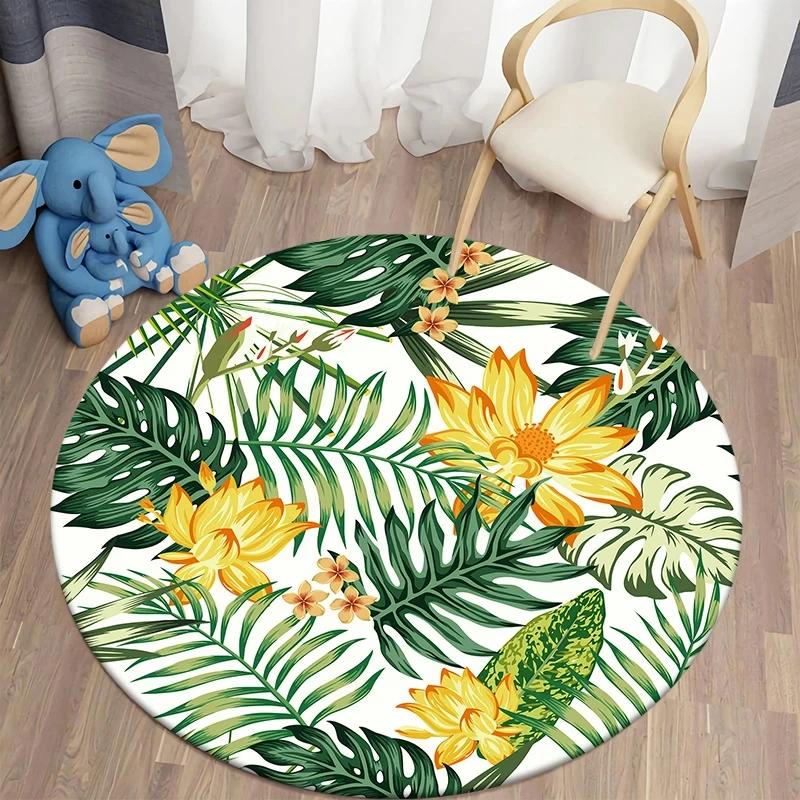 Hawaiian Tropical Leaves Round Carpet Living Room Chair Floor Mat Non-Slip Area Rug for Balcony Table Bedside Sofa Home Decor