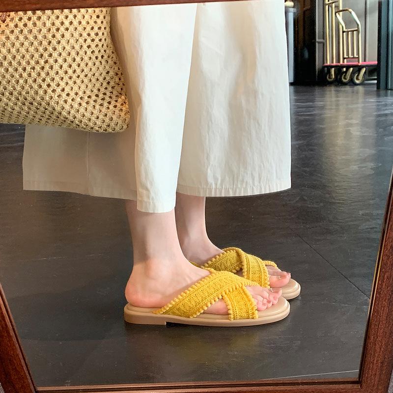 Grape mother bright color system two versions~ lazy holiday wind cross knitting ins open toe wearing cool slippers women