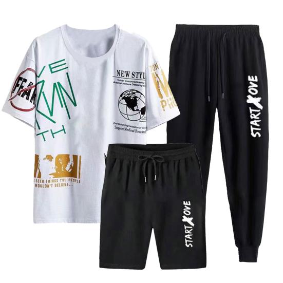 3Pcs/Set Men Sportswear Set Round Neck Short Sleeve T-shirt Elastic Drawstring Waist Shorts Sweatpants Set Printing Tracksuit