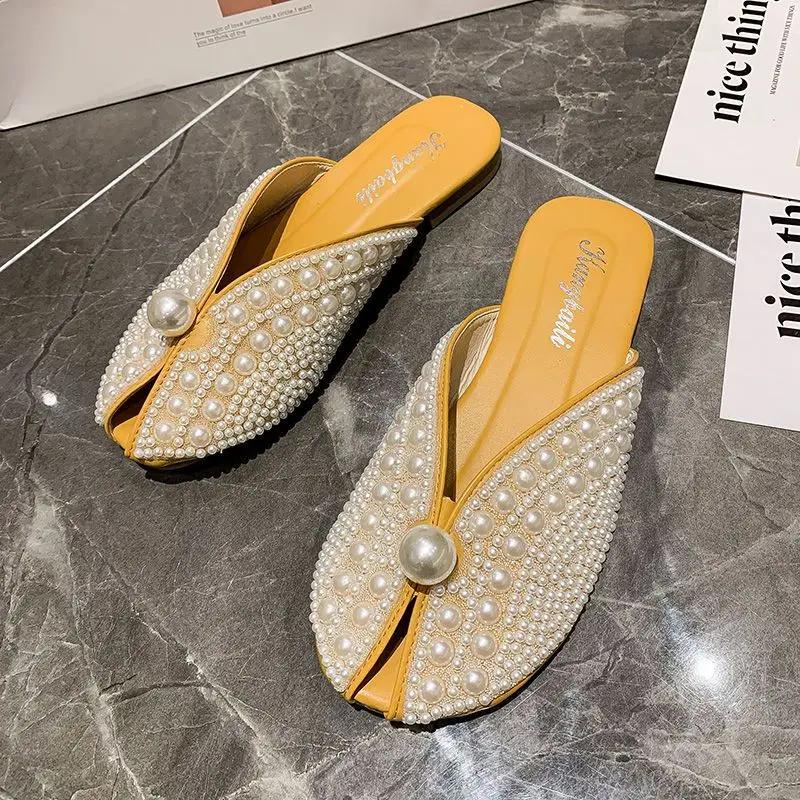 Fashion Indoor Flat Round Toe Fish Sandals Shoes for Women Slides Pearl Yellow Mules Woman Slippers Designer Sale I Trend F H Sandal 39