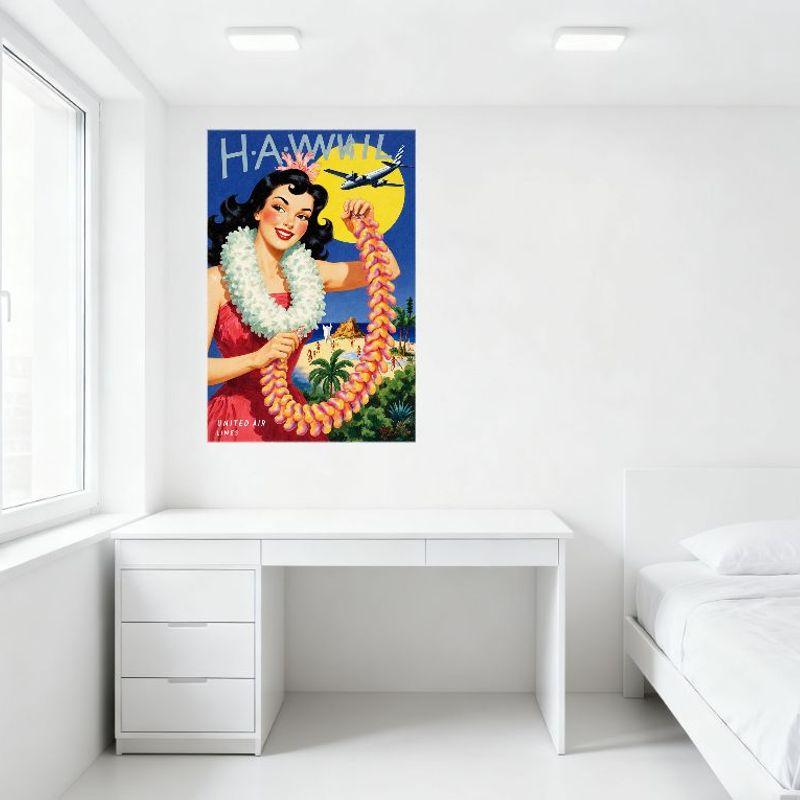 Vintage United Air Lines Hawaii Travel Poster Metal Tin Sign - Glamorous Woman Lei Beach Palm Trees Art Decor for Home Bar Cafe