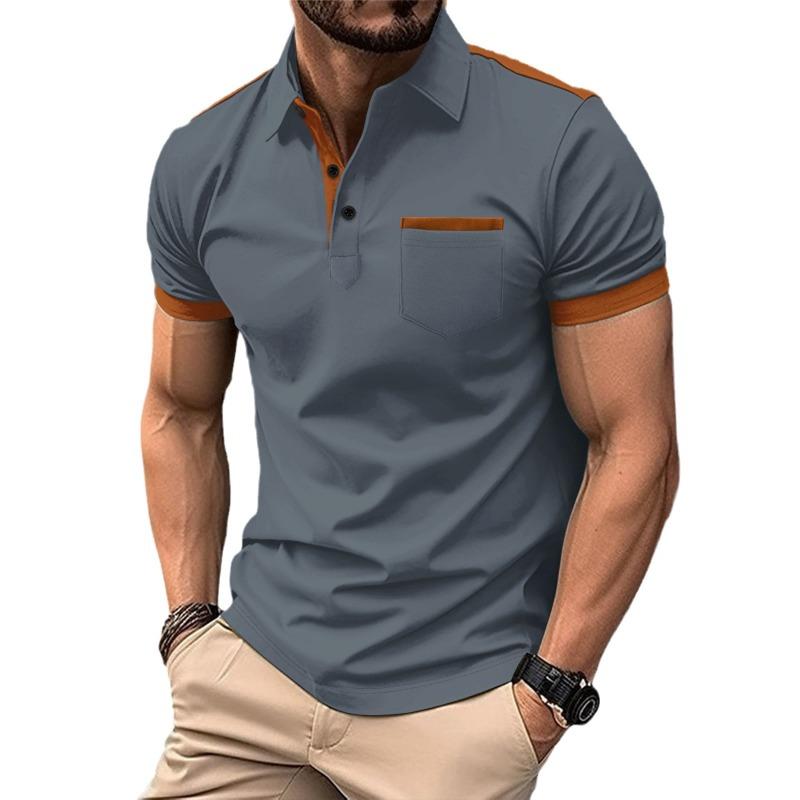 New cross-border men's casual POLO shirt chest pocket lapel button splicing color scheme versatile T-shirt