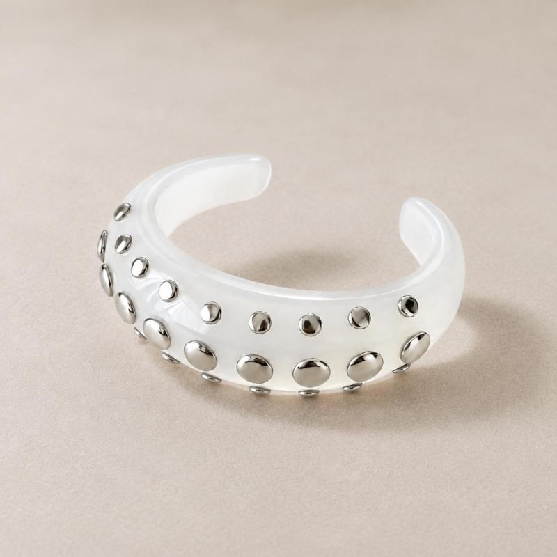 Resin Studded Ring Wide Bangle, Retro Metal Dot Statement Jewelry, Punk Y2K Bold Bracelet Ring for Women Party Daily Outfit