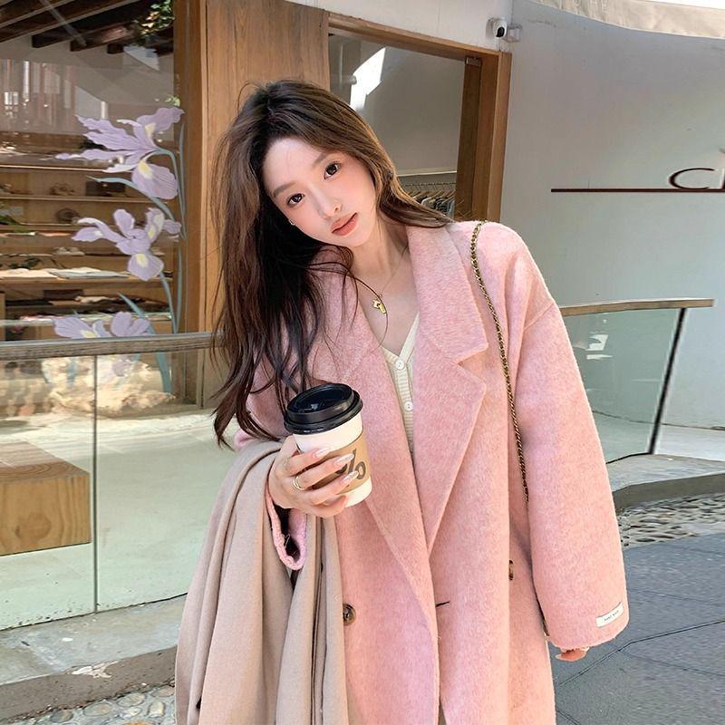 Women's Mid-Length Pink Double-Faced Wool Coat - 2025 Korean Autumn/Winter Style