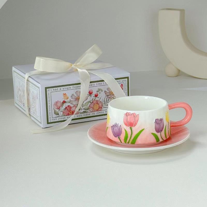 Yimei Retro Hand Painted Pink Mug  Tulip Ceramic Afternoon Tea Coffee Cup Appearance Level Niche Original Gift