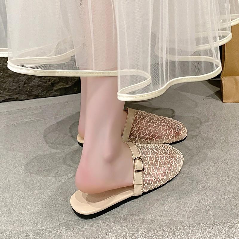 2025 summer new woven hollow fishing net shoes fashion shoes flat bag head wear half slippers women