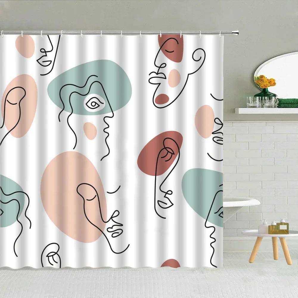 Line Art Shower Curtain for Bathroom Accessories Folding Partition Curtains Bath Bedrooms Houses Rooms Quarto Waterproof FaXT6