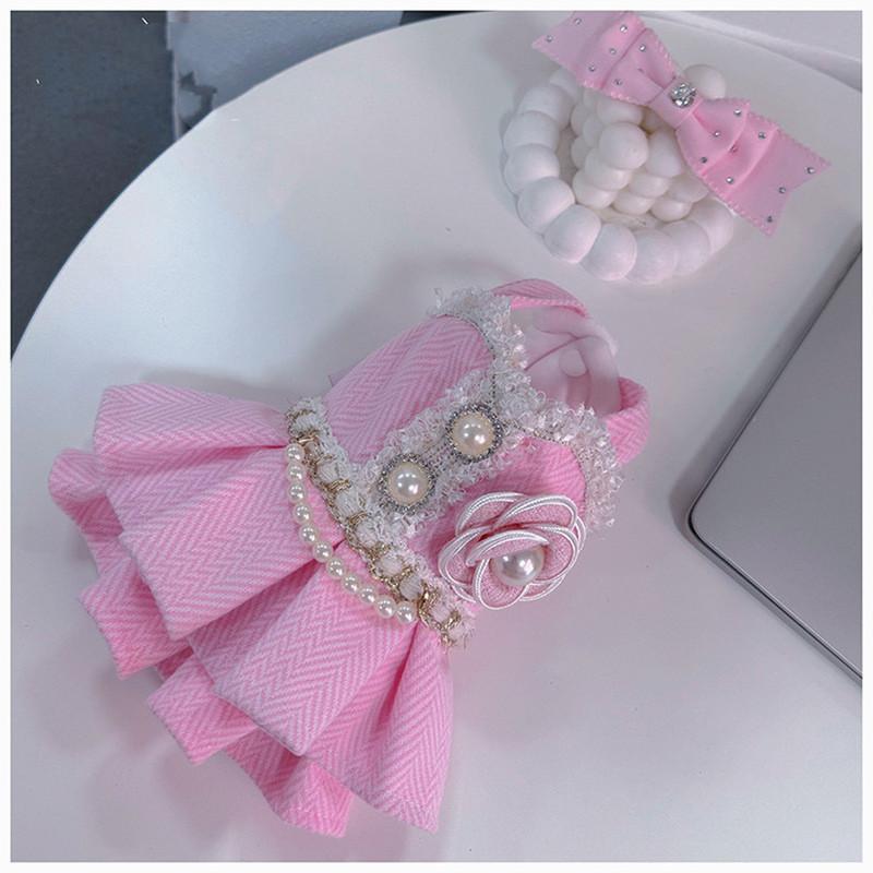 Girly Pink Puppy Dress Camellia Pearl Chain Lace Trim Princess Bow Headband Warm Pet Clothes Chihuahua Small Dogs Winter Outfit