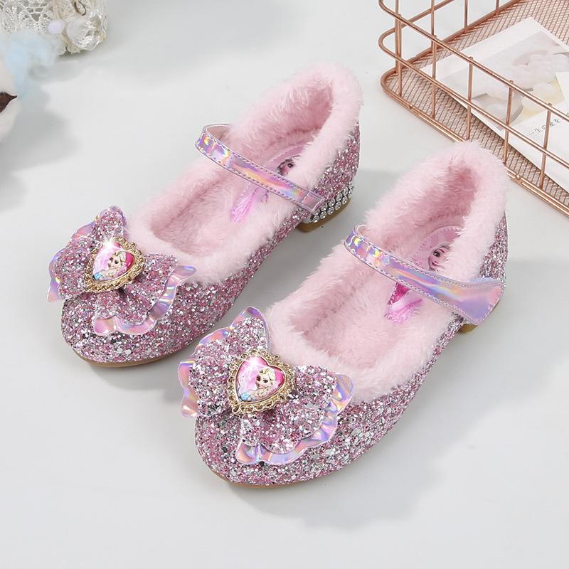 

Girls shoes, little girls high heels, new autumn and winter plush Elsa baby princess crystal children s warm leather shoes 23 розовый