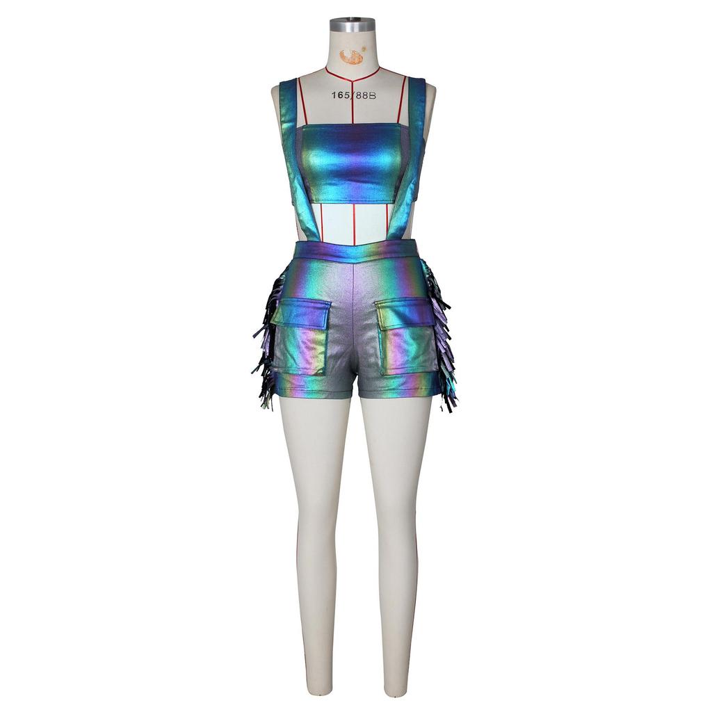 European and American Women’s Metallic Bandeau Fringe Suspender Shorts Set