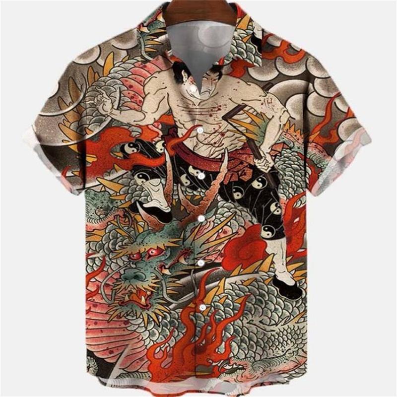Summer Men's Dragon Pattern Element Shirt Social Casual Vintage Hawaiian Shirt  New Oversize Short Sleeve Street Clothing