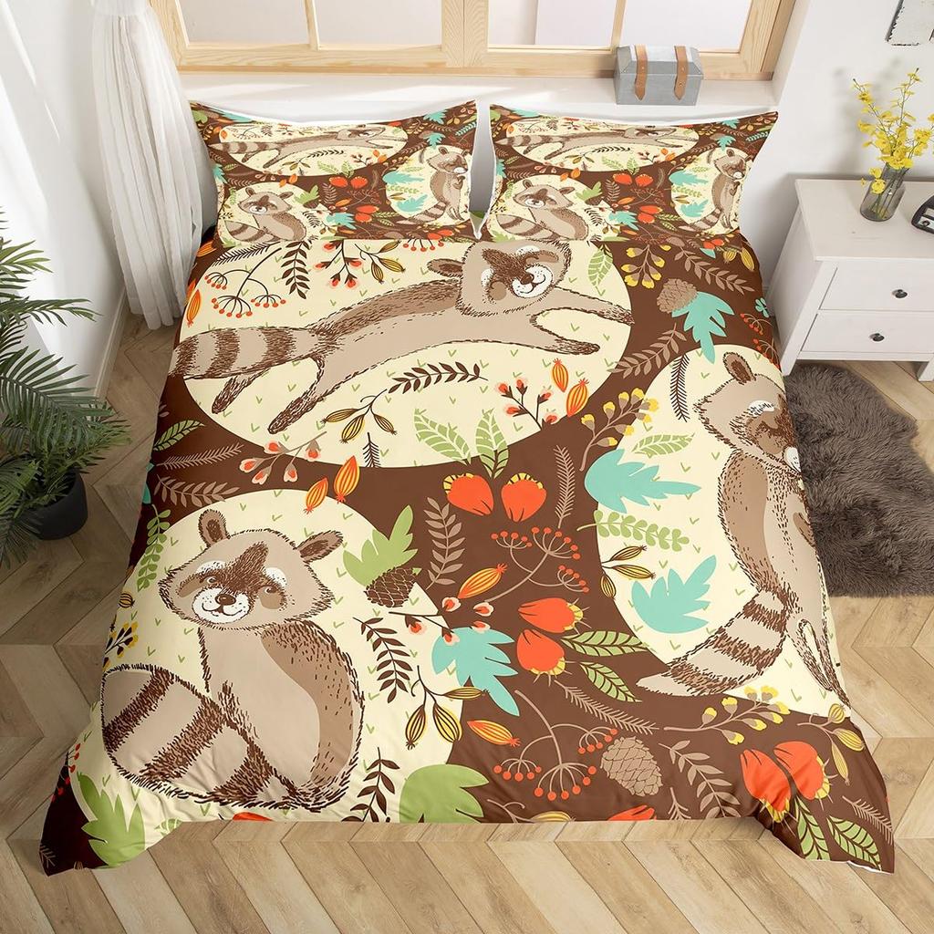 Waschbär Bettwäsche-Set für Jungen Kinder Mädchen Niedlicher Cartoon Wildtiere Bettbezug Liebevolle Tiere Bettdeckenbezug Polyester Steppdeckenbezug