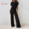 Women's Two Piece Knit Set Short Sleeve Sweater Top Wide Leg Pants Lounge Sets Ribbed Knitted Casual Outfit for Spring Autumn