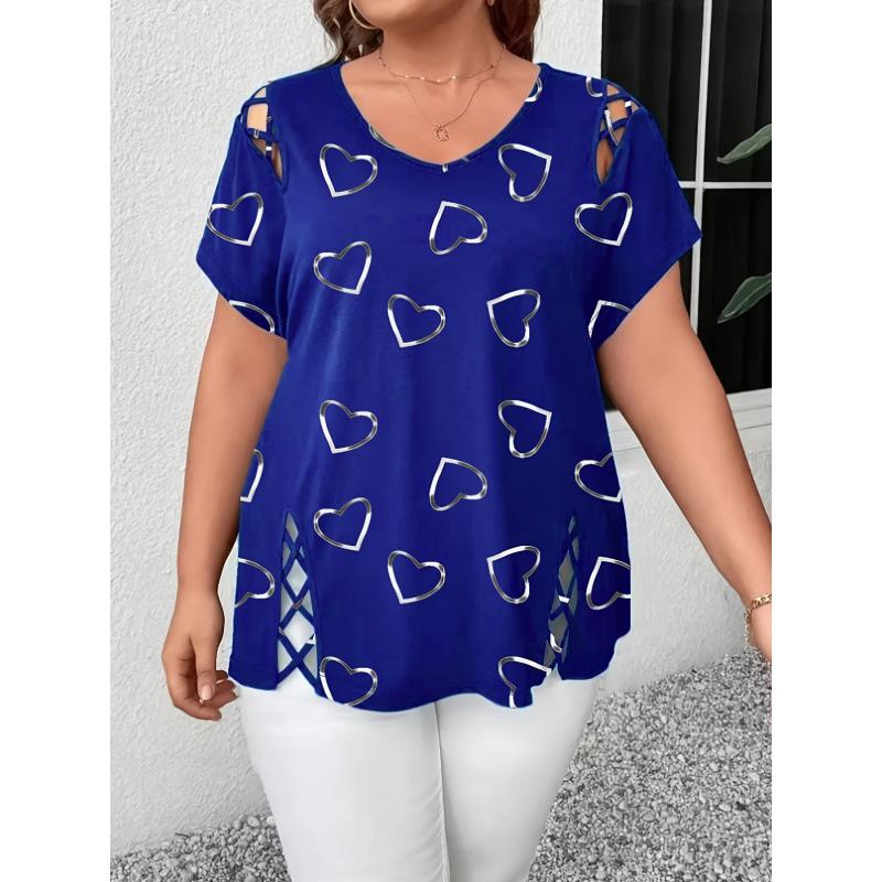 

2026 Plus Size Women s Printed Lace-up Short Sleeve Casual T-shirt S синий