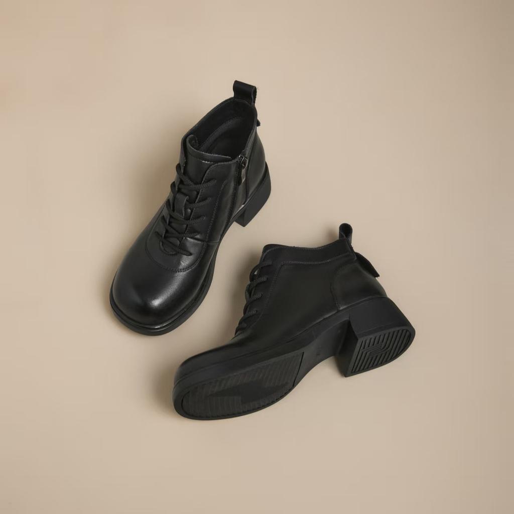 2025 autumn and winter new leather Martin boots women's round head soft sole retro women's boots versatile fashion black short boots